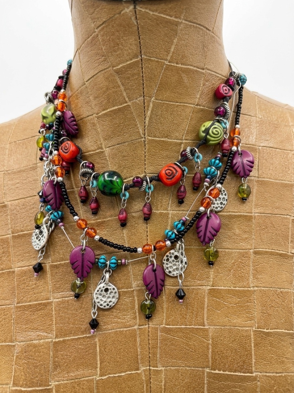 Bohemian Multi-Strand Charm Necklace with Glass Beads and Metal Accents
